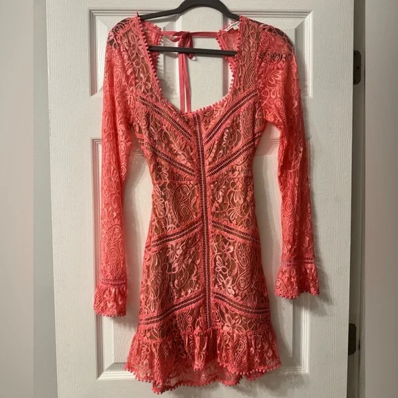 knee length dresses for ladies For Love & Lemons Lace Cutout Puff Sleeve Mini Dress